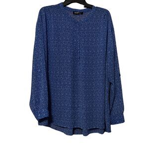 A NEW DAY WOMENS SHEER BLUE AND WHITE ART PRINT SHEER LNG SLEEVE BLOUSE SIZE 3X
